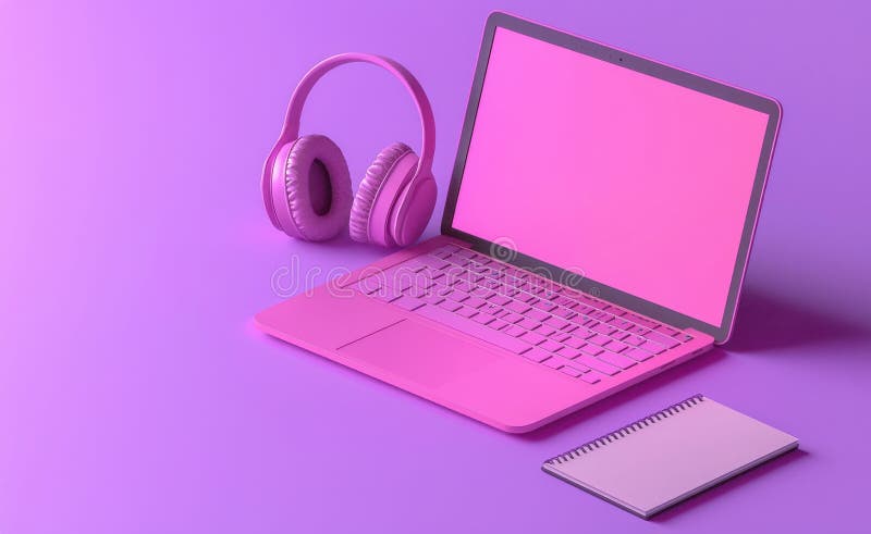 Laptop roz aprins cu căști și notebook pe fundal violet royalty free illustration