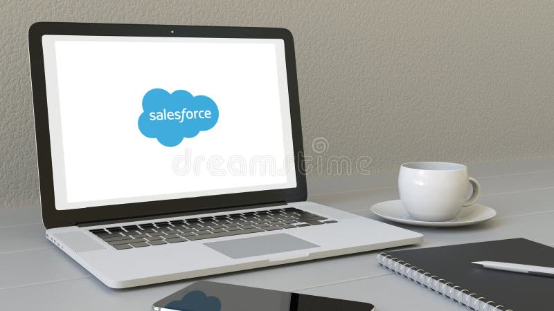 Laptop with Salesforce logo on the screen. Modern workplace conceptual editorial 3D rendering