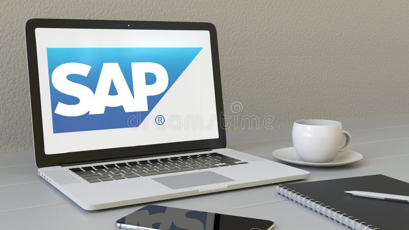 Laptop with SAP SE logo on the screen. Modern workplace conceptual editorial 3D rendering