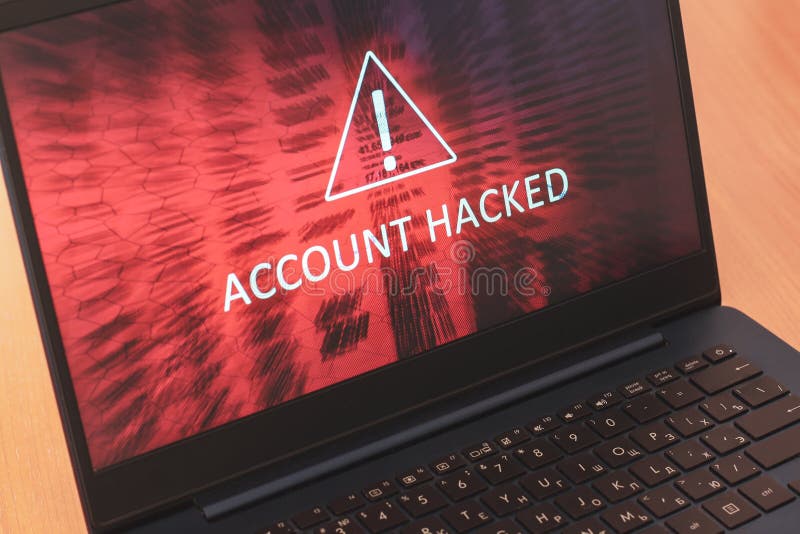 Laptop screen concept with white text Account hacked on red abstract background. stock photo Laptop screen concept with white text Account hacked on red abstract background. stock photo