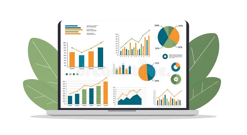 A laptop screen displays a collection of colorful charts and graphs, including bar stock illustration