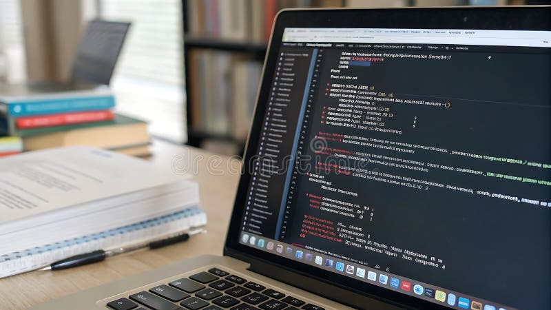 Laptop screen showing programming code with reflection on surface. Stock Photo, Generative AI royalty free illustration