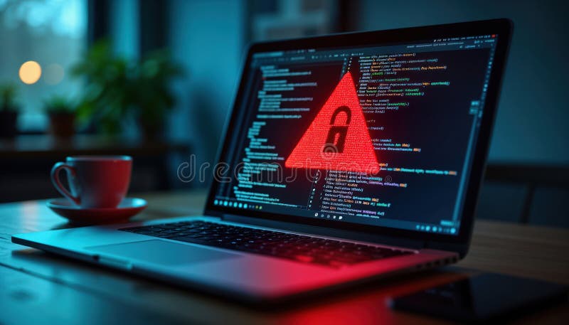Laptop screen shows red warning triangle with locked symbol. Coding visible on screen suggests cyber attack. Red alert sign royalty free illustration