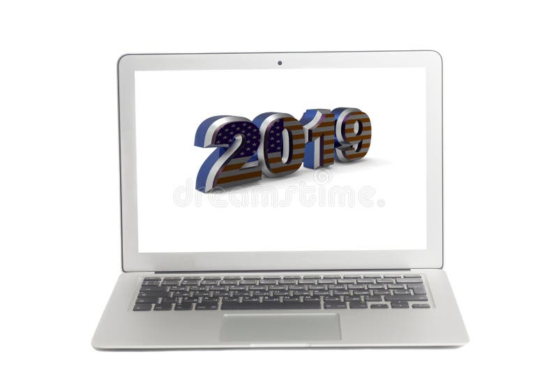 Laptop screen written in 2019 with USA flag isolated on white background