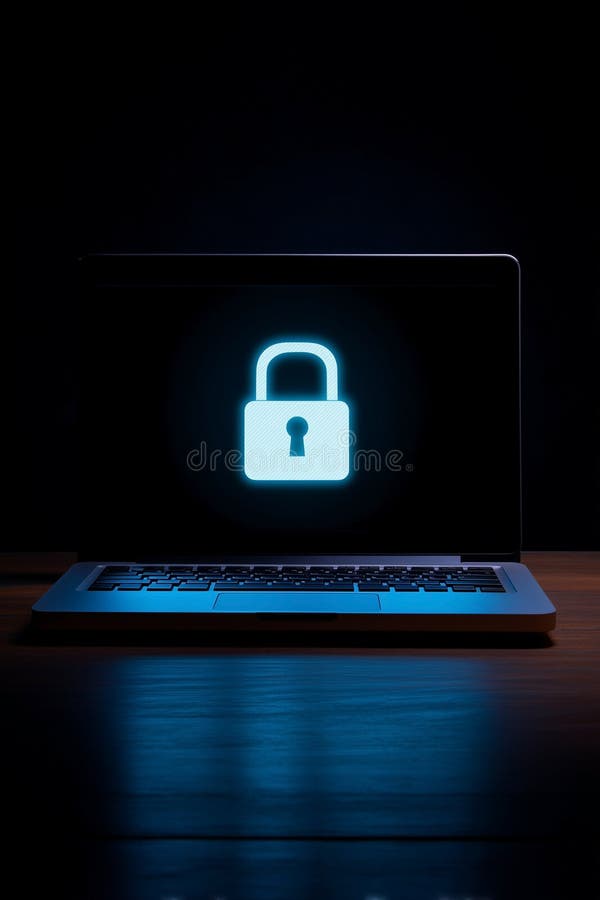 Laptop security: A glowing padlock on screen symbolizes digital protection, highlighting cybersecurity and data safety measures royalty free illustration