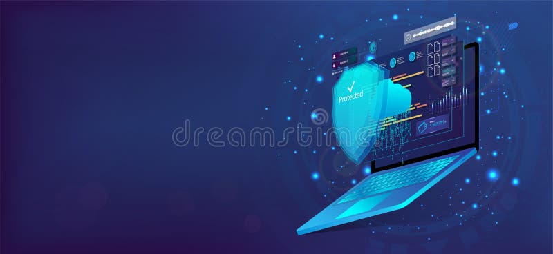 Laptop with shield, Cyber Security concept. 3D laptop and cloud data under the protection. Cybersecurity, antivirus vector illustration