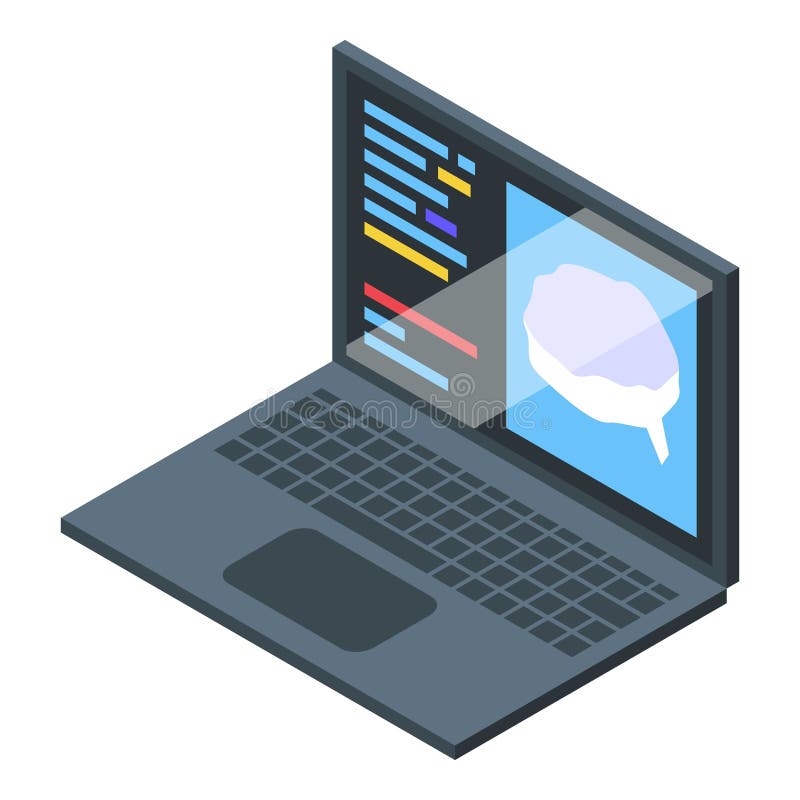 Laptop showing brain icon representing artificial intelligence programming royalty free illustration