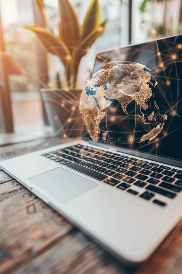 Laptop showing hologram of earth for global business concept stock photography