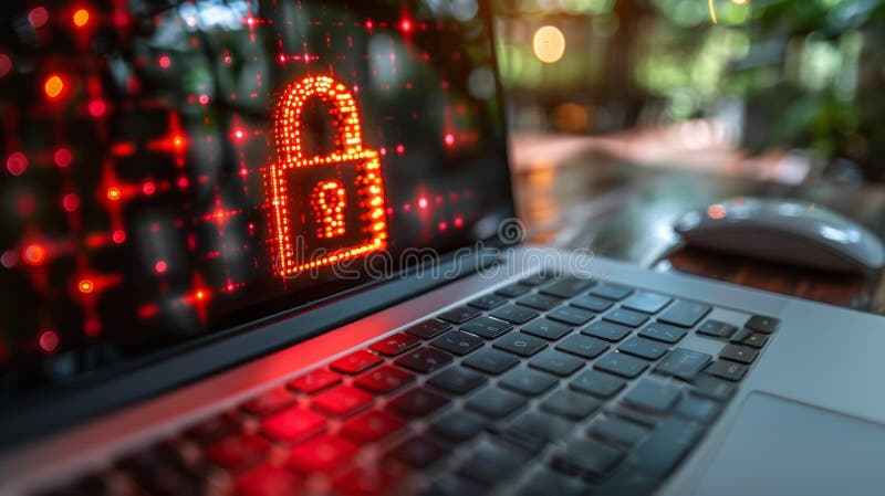 Laptop showing red lock screen on blurred background for cybersecurity concept stock photos