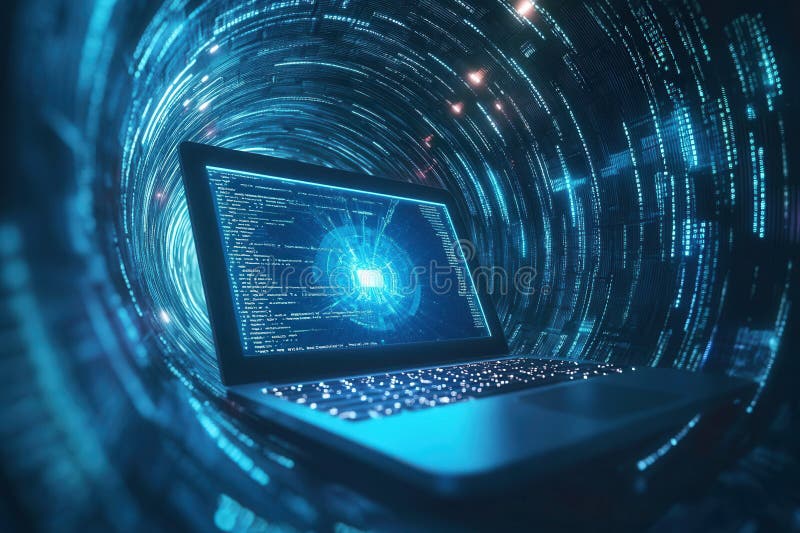Laptop showing source code in futuristic cyberspace tunnel royalty free stock photo