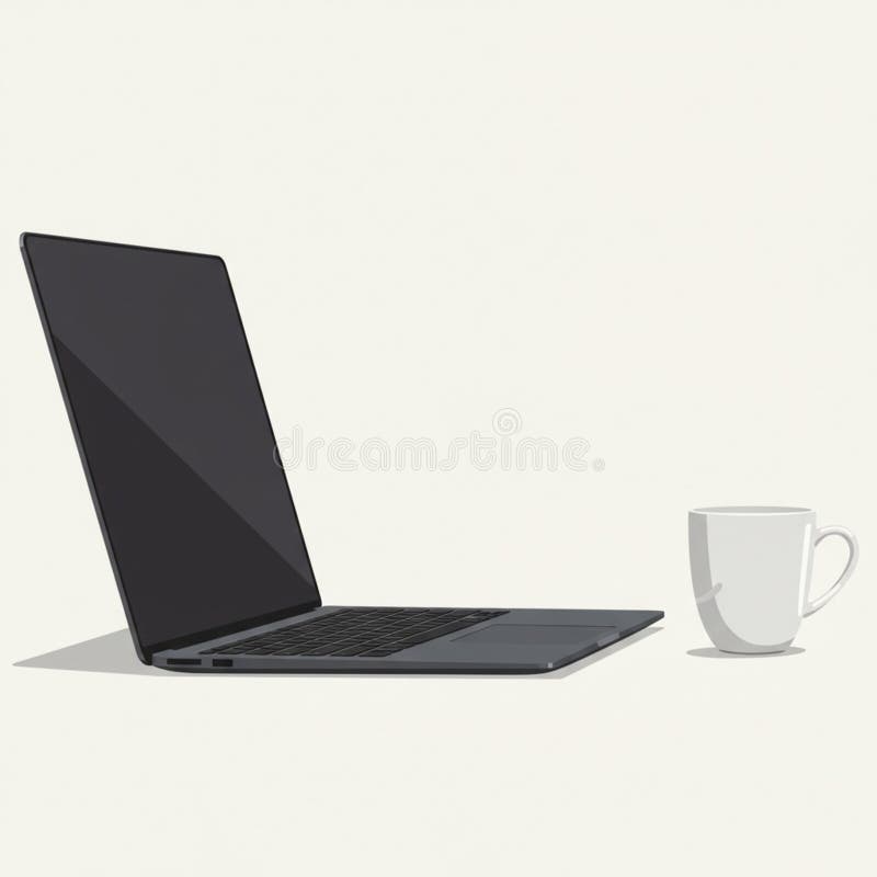 A laptop with a sleek, minimalist design is open and positioned on a plain surface against a light background. Next to it, a simple white mug stands upright. The laptop has a thin profile with a large, dark screen facing to the left and visible keyboard. The mug is cylindrical with a curved handle on the right side. Both objects cast soft shadows, indicating ambient lighting. The scene conveys a clean and modern aesthetic, suitable for workspace or home office environments. Plain objects illustrations