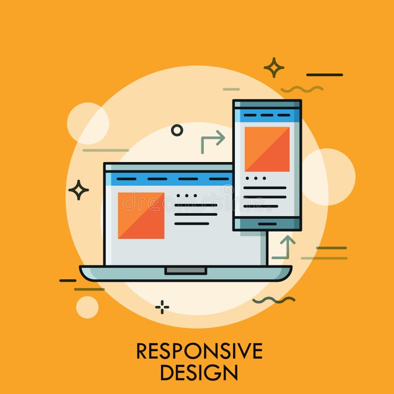 Laptop and smartphone with same application interface on screens. Concept of responsive web design, scalable page, desktop and mobile app. Modern vector illustration for website, banner, poster. Scalable vectors