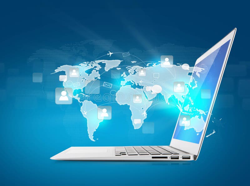 Laptop with social network on world royalty free stock image
