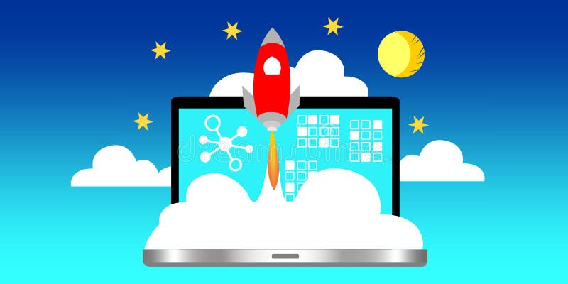 A laptop with space rocket representing launch cryptocurrency technology. stock illustration A laptop with space rocket representing launch cryptocurrency technology. stock illustration