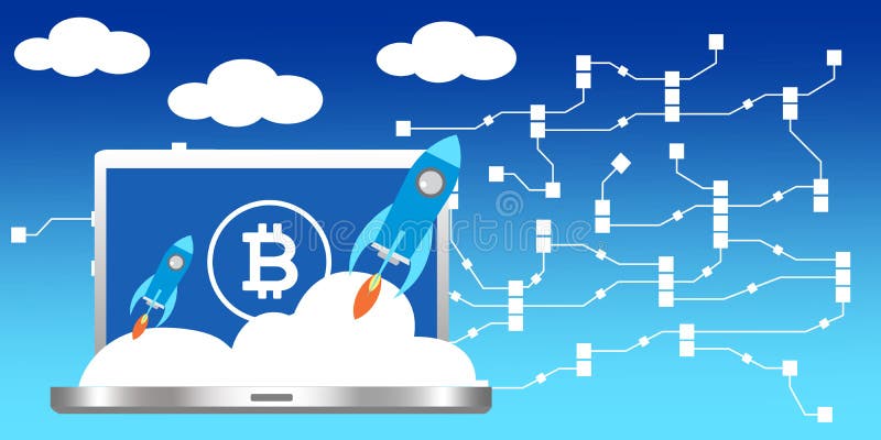 A laptop with space rocket representing launch cryptocurrency technology. stock illustration A laptop with space rocket representing launch cryptocurrency technology. stock illustration