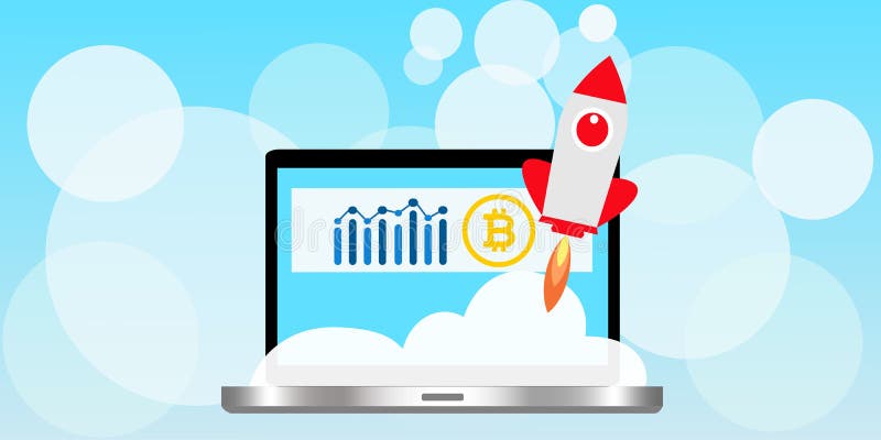 A laptop with space rocket representing launch cryptocurrency technology. stock illustration A laptop with space rocket representing launch cryptocurrency technology. stock illustration
