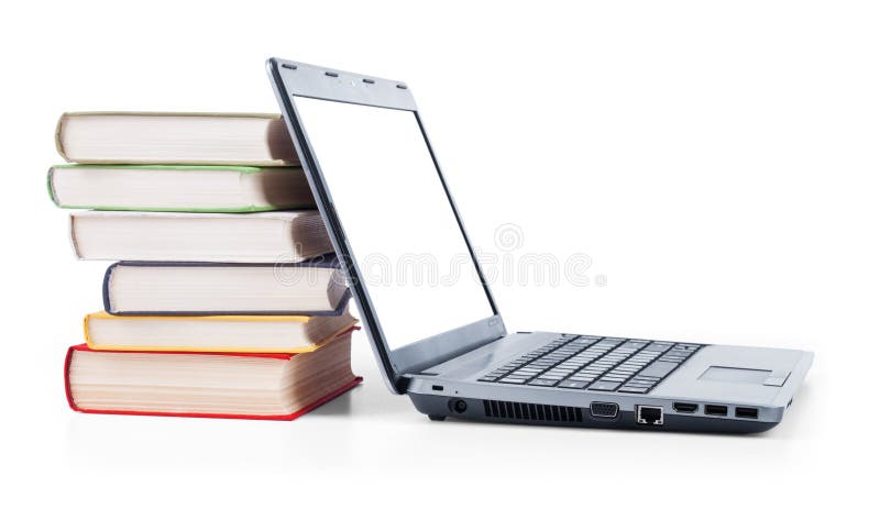 Laptop and a stack of old books