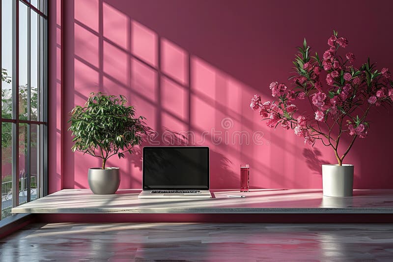 Laptop is on a table in front of a pink wall. Living room is very bright stock illustration