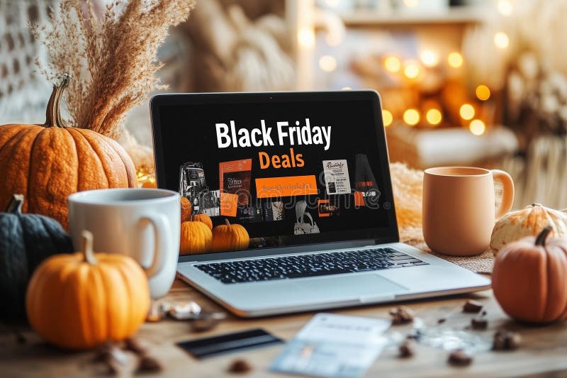 A laptop is on a table with a pumpkin and a cup of coffee stock photo