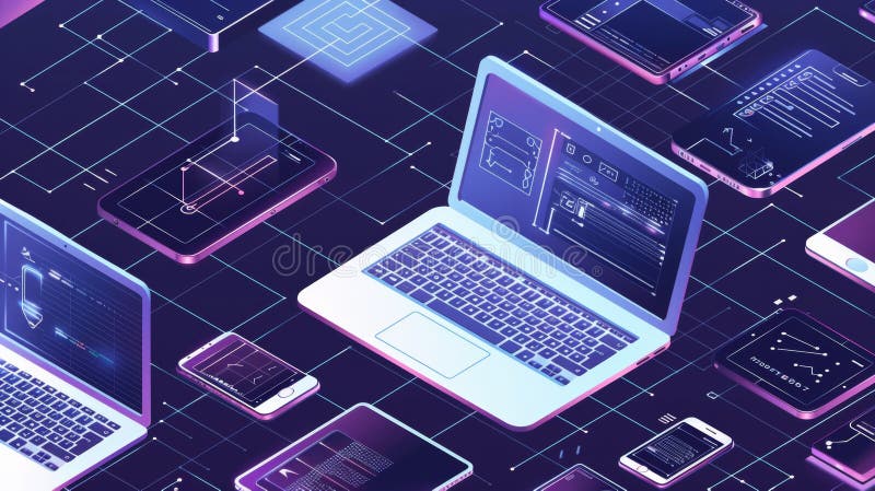 A laptop, tablet, and phone on a table in isometric perspective. Tech icons of comp royalty free illustration