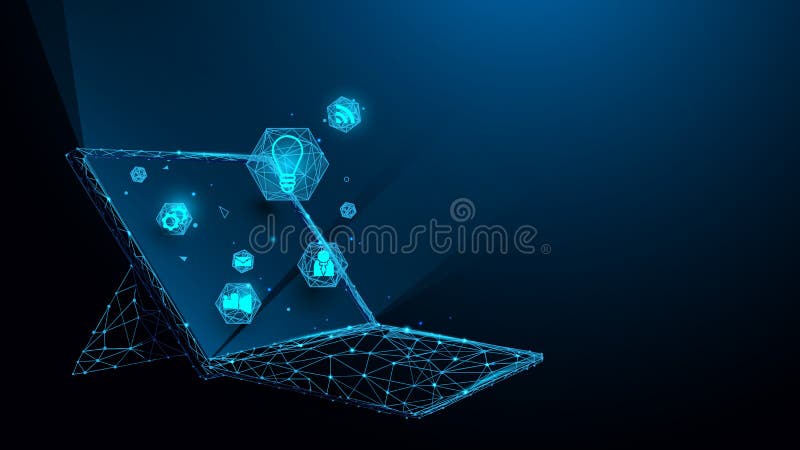 Laptop with technology icons from lines, triangles and particle style design royalty free illustration