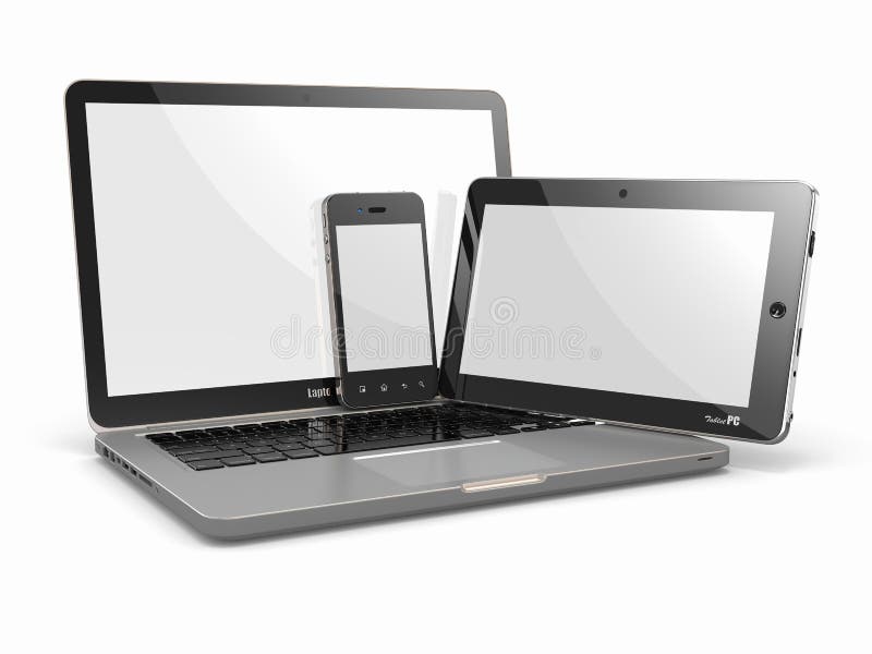 Laptop, phone and tablet pc. Electronic devices. 3d. Laptop, phone and tablet pc. Electronic devices. 3d