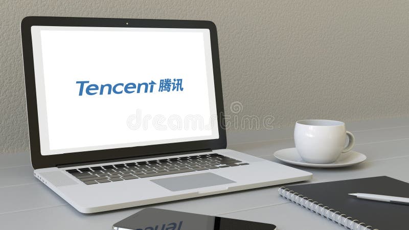 Laptop with Tencent logo on the screen. Modern workplace conceptual editorial 3D rendering