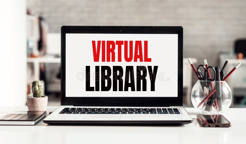 Laptop With Text -Virtual Library, On Modern Office Background Stock