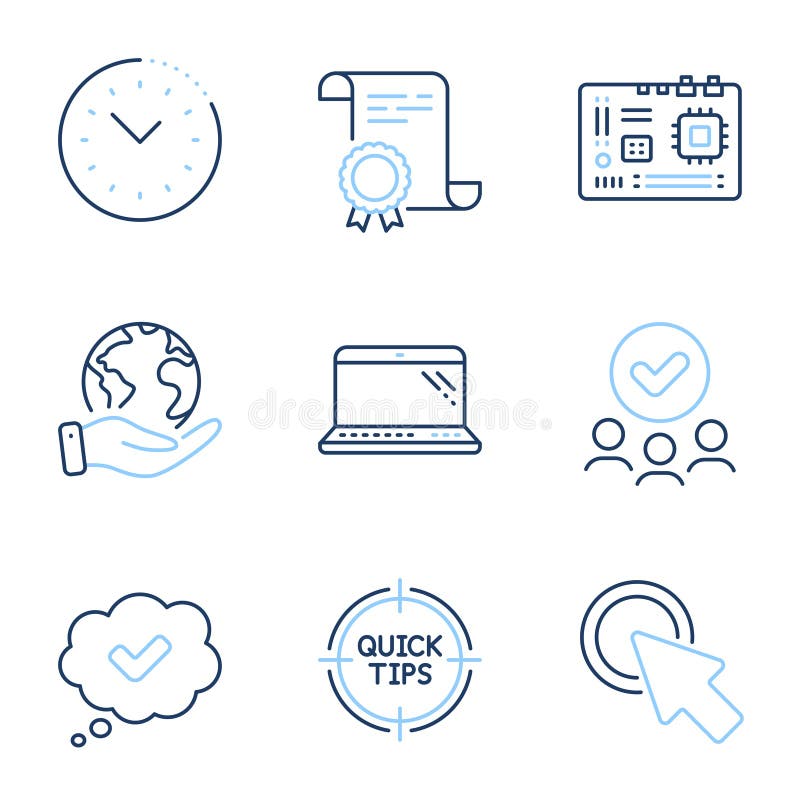 Laptop, Tips and Time management icons set. Approved, Motherboard and Click here signs. Vector vector illustration