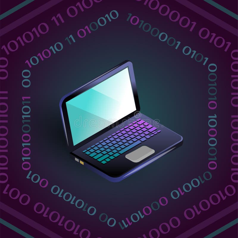 Laptop-ul vector izometric gol din cadrul codului binar hexagonal royalty free illustration