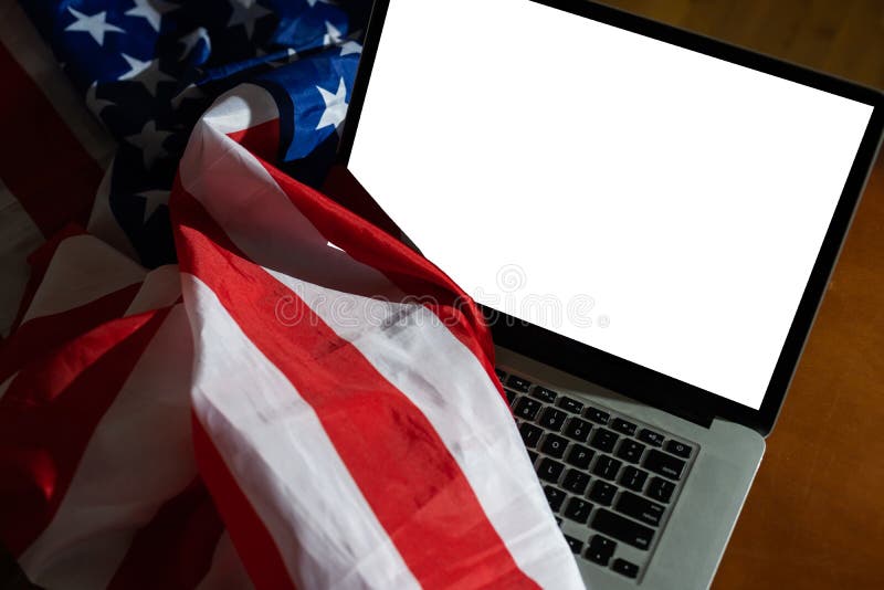 Laptop with USA flag, screen Isolated on white background