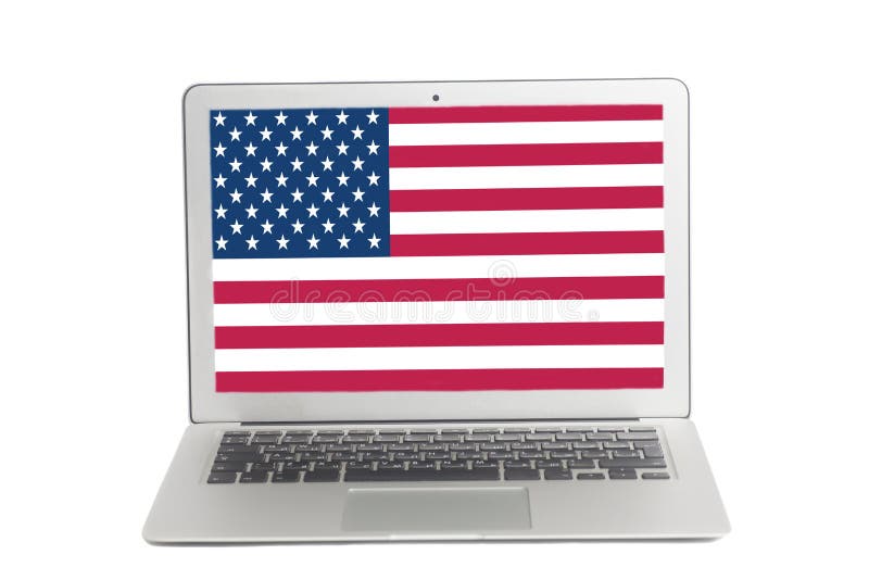 Laptop with USA flag on screen Isolated on white background