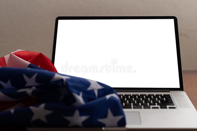 Laptop with USA flag, screen  on white background