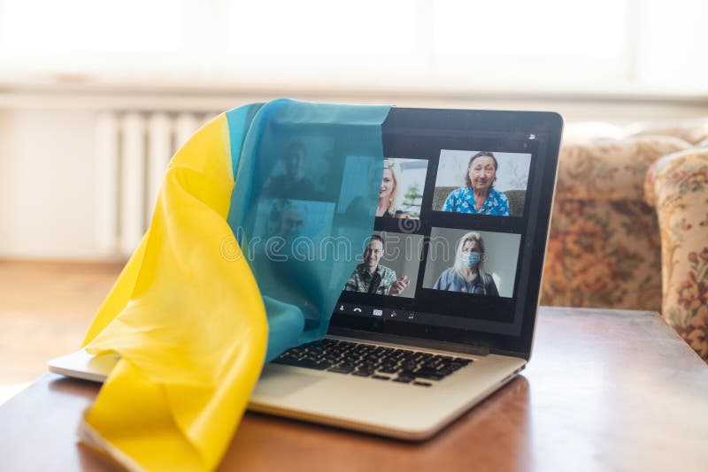 Laptop with Video Near the Flag of Ukraine Stock Image Image of webinar, school 243780305