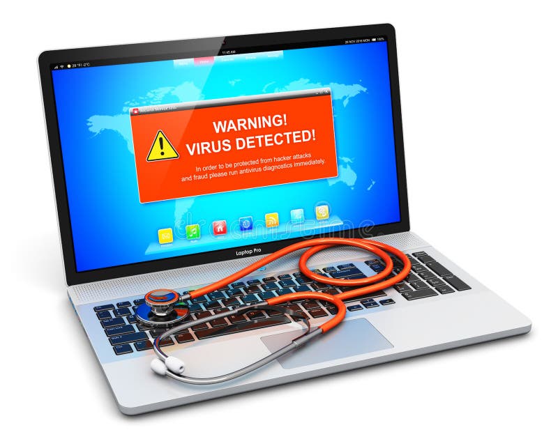 Laptop with Virus Attack Warning Message on Screen and Stethoscope