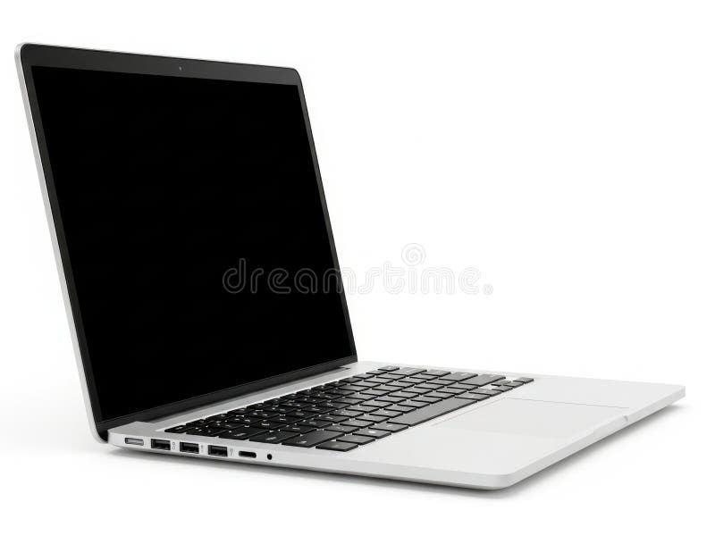 This image features a sleek, modern laptop with a black screen and keyboard, isolated on a transparent background. The laptop is positioned at an angle, showcasing its side profile and ports. Ideal for use in digital design, technology presentations, and marketing materials. Laptop side angle illustrations