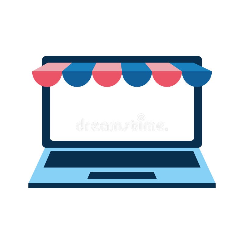 Laptop z ecommerce namiotem royalty ilustracja