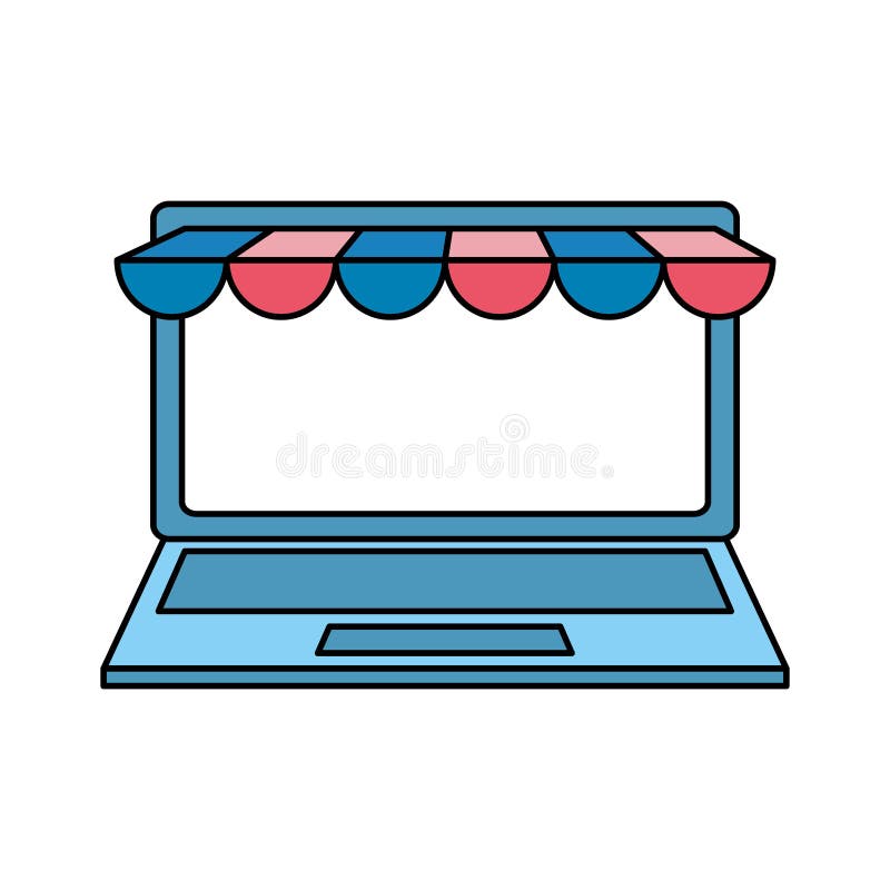 Laptop z ecommerce namiotem royalty ilustracja