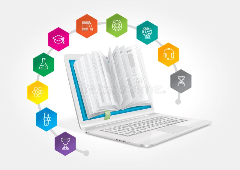 Laptop z książką uczyć się różnorodnych pola nauka Pojęcie nauczanie online ilustracji Laptop z książką uczyć się różnorodnych pola nauka Pojęcie nauczanie online ilustracji