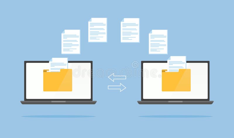 Laptops with folders on screen and transferred documents. File transfer concept, backup data. royalty free illustration