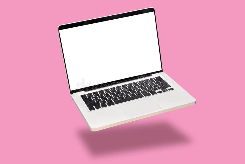 Laptopu egzamin próbny z w górę pustego pustego bielu ekranu odizolowywającego na różowym tle pływakowy lub levitate laptopu nota zdjęcie royalty free