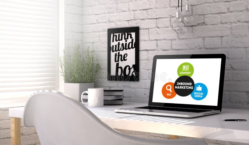 Laptopu miejsce pracy z Przylatującym marketingowym planem na ekranie ilustracji