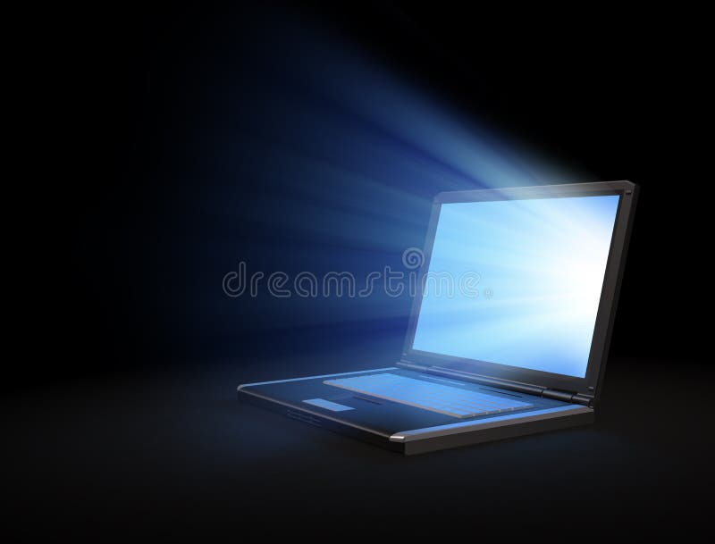 Glowing laptop screen in a dark room. Glowing laptop screen in a dark room
