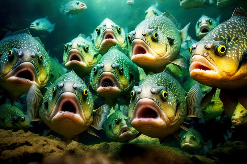 Large aggressive flock of toothy piranhas swims forward, created with generative ai