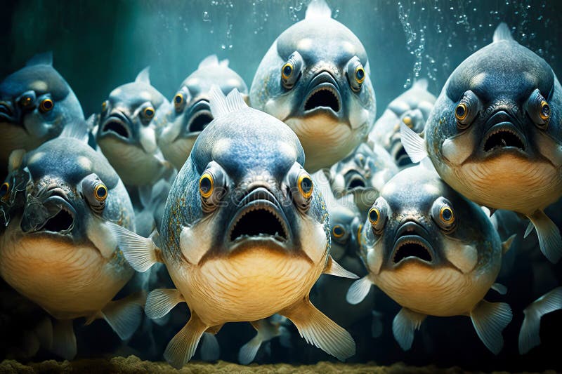 Large aggressive flock of toothy piranhas swims forward, created with generative ai