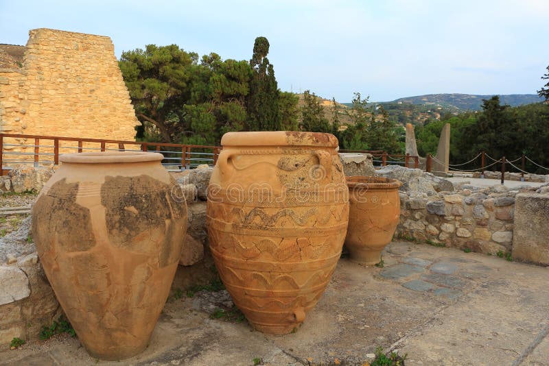 Large ancient ceramic menoan urns at Knossos palace Crete stock images