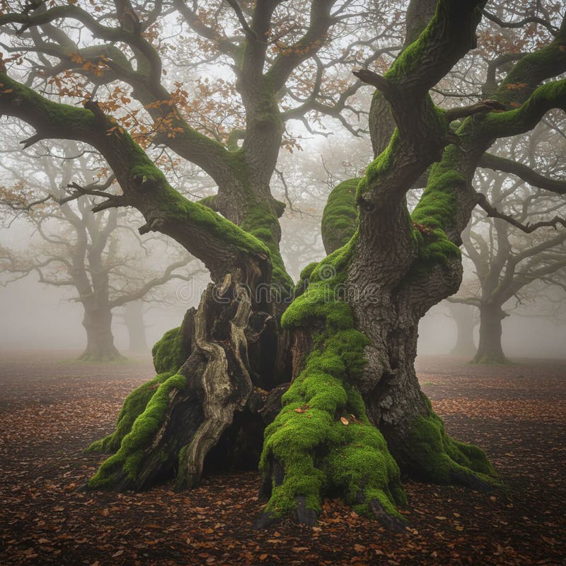 A large, ancient tree stands in a foggy forest. Its twisted, gnarled branches are vector illustration