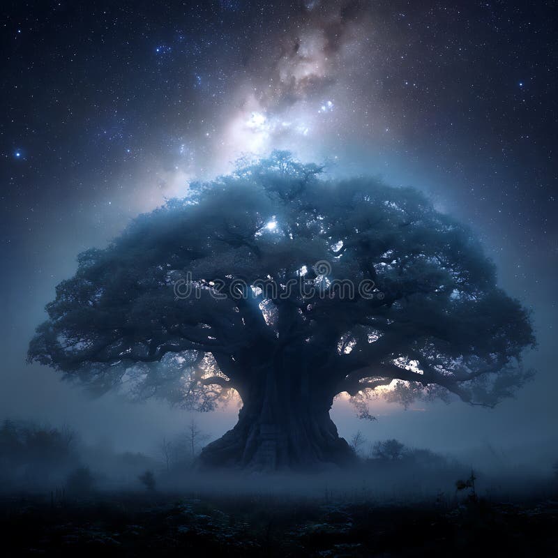 A large, ancient tree stands silhouetted against a starry night sky, its branches stock illustration