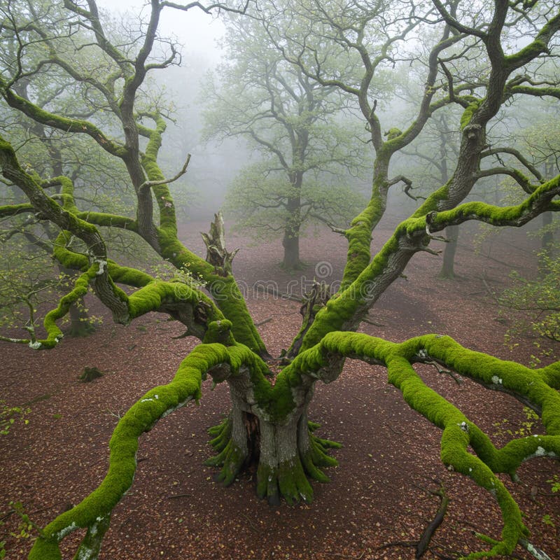 A large, ancient tree with a thick, sturdy trunk stands prominently in a foggy forest. Its stock illustration