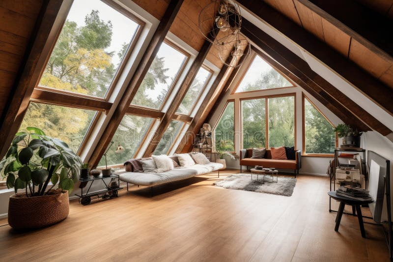 Large attic space with wall of windows overlooking garden vector illustration